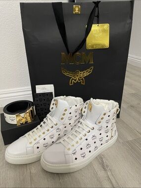 MCM  Men's White Leather High-Top Sneakers with Gold Hardware and Matching Belt